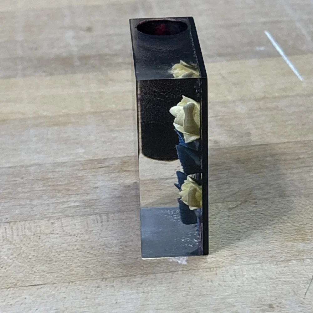 Vintage Lucite Pin Holder Yellow Rose Embedded Desk Vanity Display Decor